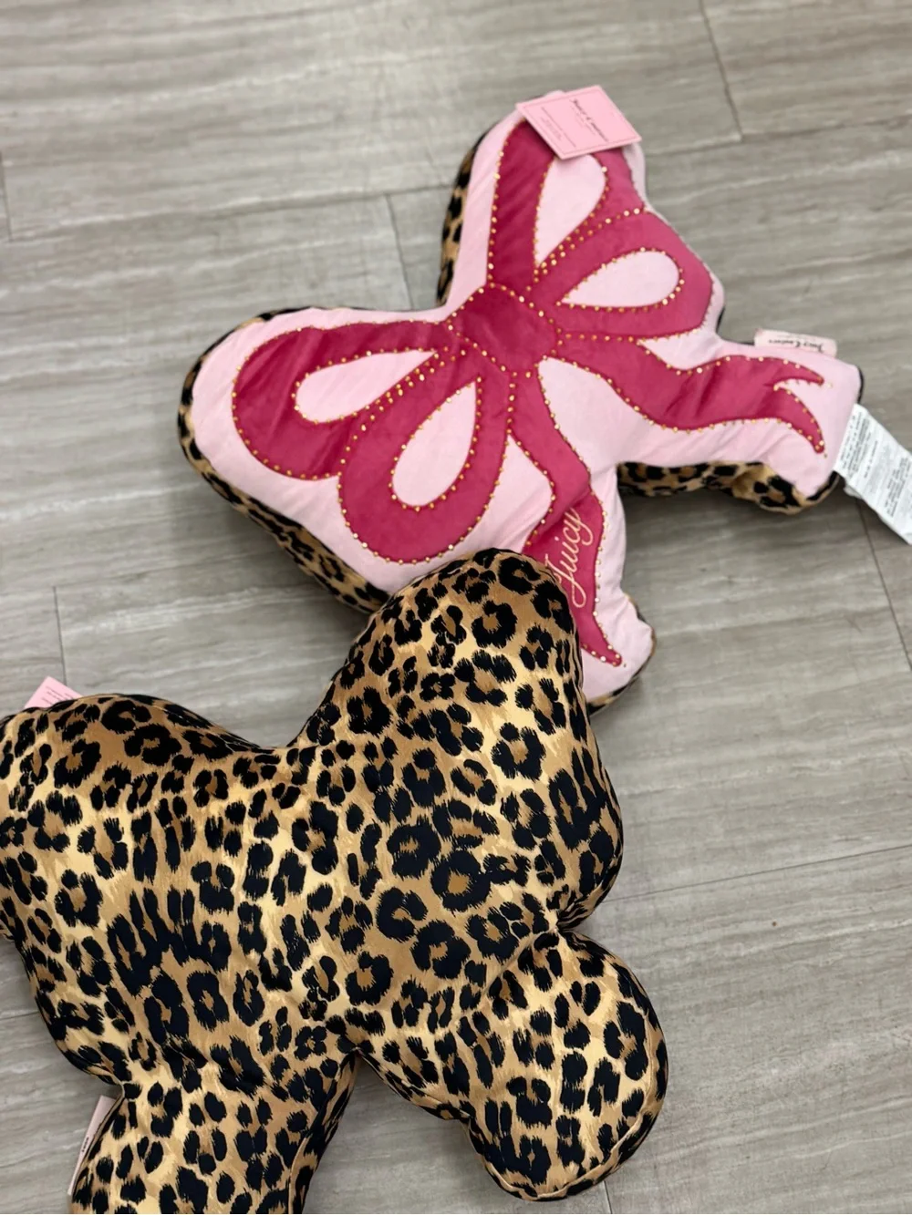 2 Leopard & Pink Bow Plush Pillows - Juicy Couture Style